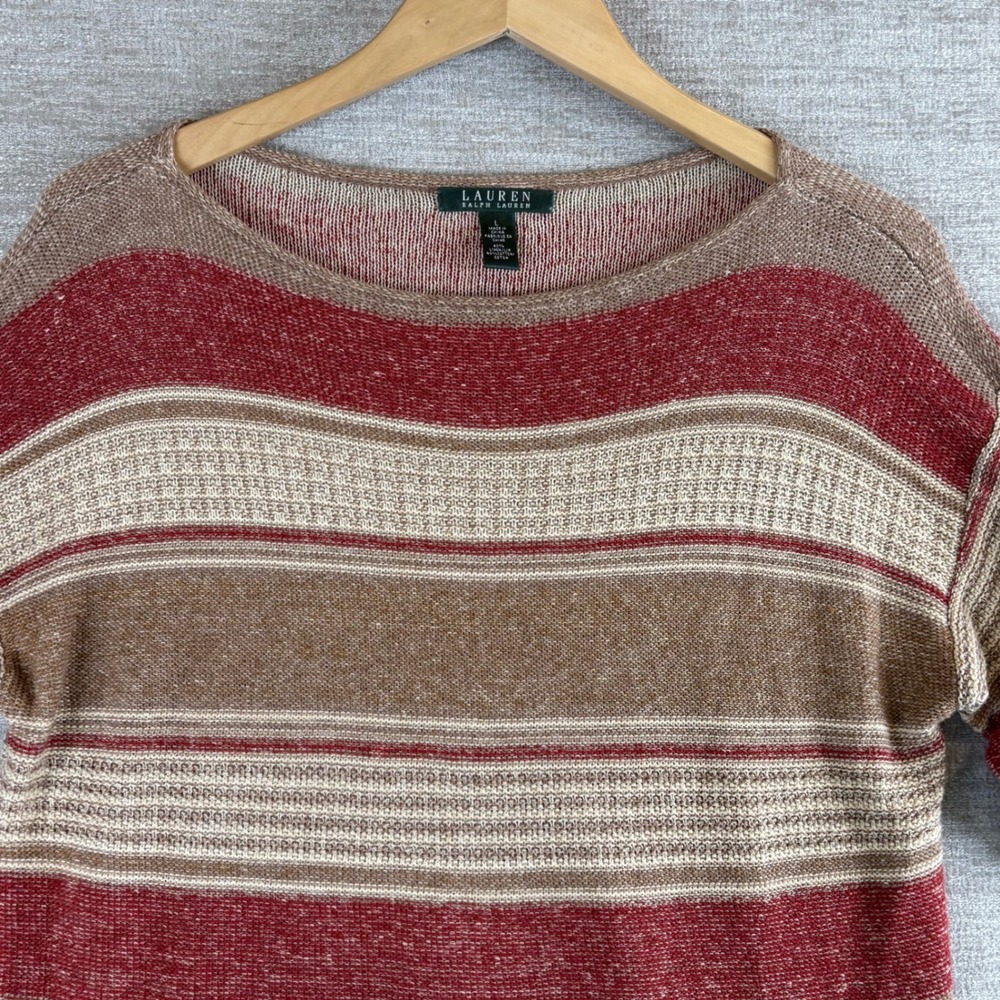 Lauren Ralph Lauren Striped Linen 3/4 Sleeve Pullover Sweater Womens L Brown EUC